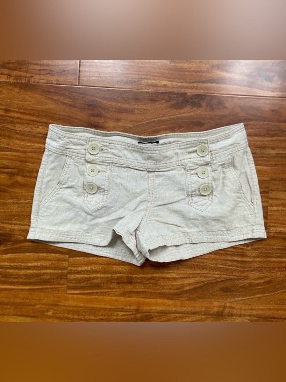 Express Women's Tan Linen Cotton Low Rise Cheeky Shorts Size 2 Coastal Y2K Girly